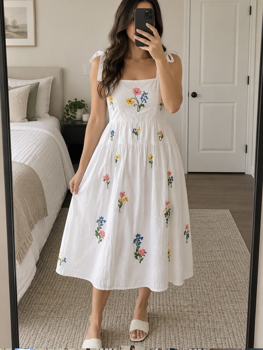White Floral Embroidered Midi Dress with Tie Straps NWT free Assembly